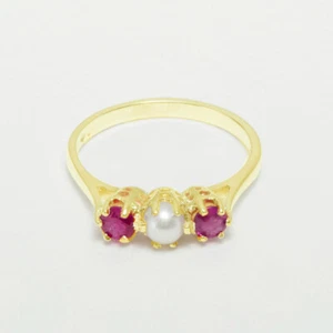 10k Yellow Gold Cultured Pearl Ruby Womens Trilogy Ring - Sizes 4 to 12 - Picture 1 of 4