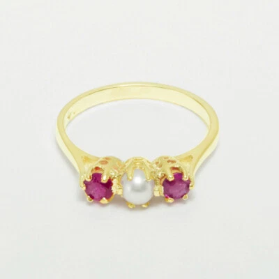 10k Yellow Gold Cultured Pearl Ruby Womens Trilogy Ring - Sizes 4 to 12 - Image 1 of 4