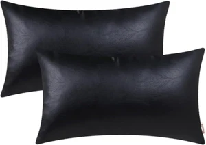 BRAWARM Faux Leather Throw Pillow Covers 12 X 20 Inches - Black Leather Lumbar P - Picture 1 of 6