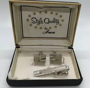 Vintage Anson Manschettenknöpfe & Krawattennadel Clip Set Silberfarben Strass - Bild 1 von 8