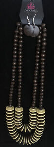 NEW PAPARAZZI BROWN WOOD BEAD & YELLOW DISC NECKLACE EARRINGS SET SKU133186P