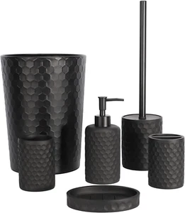 Bathroom Accessory Set - 6 Pcs Black Bathroom Accessories Set with Trash Can, To - Picture 1 of 9