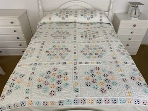 Hand Stitched Colourful Broderie Anglaise Patchwork Quilt Bedspread 275x225cm - Picture 1 of 23