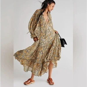 Free People Feeling Groovy Maxikleid schwarz gelb Kombi Rüschen Blumen Gr. M - Bild 1 von 14