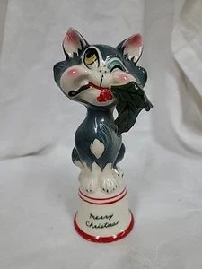 Vintage Winking Kitty Cat HTF Kriess Merry Christmas Bell, Gray Cat, Holly - Picture 1 of 7