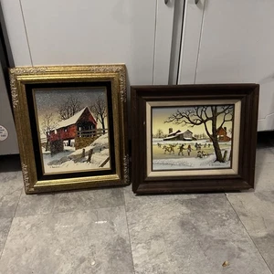 Lot 2 VTG Hargrove Canvas Oil Painting Covered Snowy Bridge Americana Framed - Picture 1 of 15