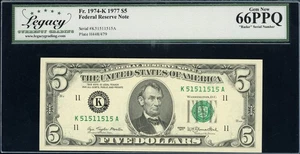 1977 $5 Dallas Federal Reserve Note *Radar Serial No" Legacy Gem New 66PPQ - Picture 1 of 2