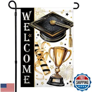 Graduation Garden Flag 12×18 Inch Welcome Black Gold Graduation Cap Diploma T - Picture 1 of 5