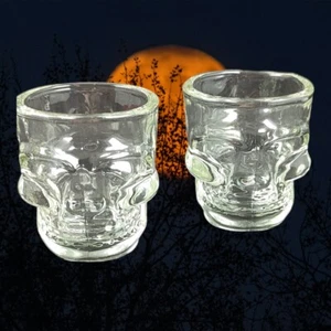 Skull Head Shot Glasses Thick Clear Set of 2 Halloween Bar Ware Fireball Booze - Picture 1 of 7