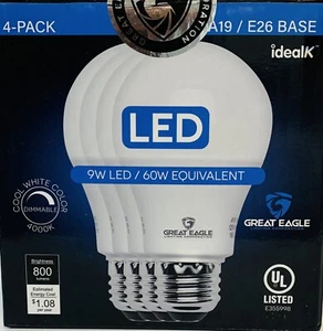 2 Pack Of 4 Bulbs Great Eagle A19 LED Light Bulb, 9W 60W Equivalent, UL Listed - Picture 1 of 4