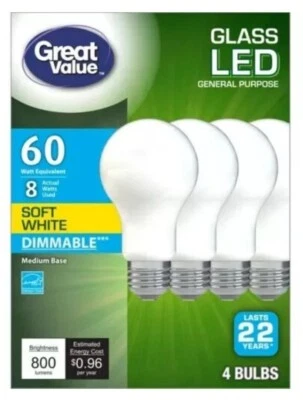 4pk 60 Watt Glass LED Light Bulbs Dimmable 8W 800 Lumens Soft White 22 yr life - Image 1 of 4