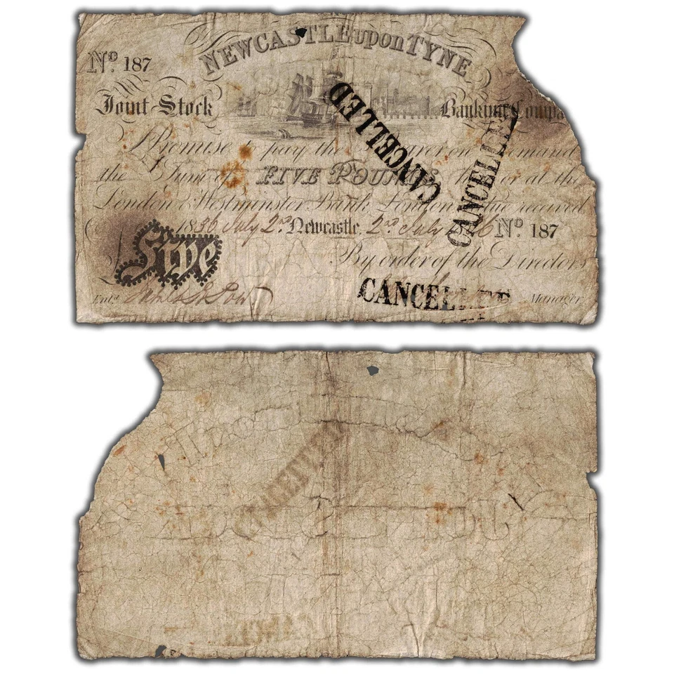 Great Britain 1836 Newcastle upon Tyne 5 Pounds Cancelled Note - Missing Corner - Image 1 of 3