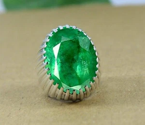 Solid 925 Sterling Silver Natural Green Emerald Corundum Cut Gemstone Men's Ring - Picture 1 of 12