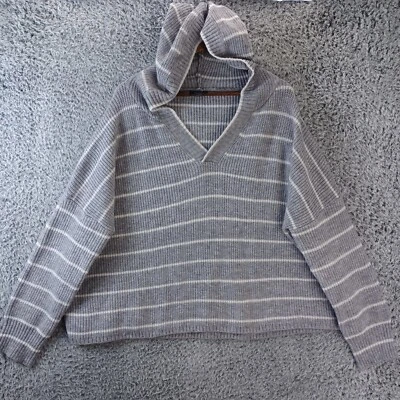 Lumiere Sweater Women's L Gray Striped Hooded Chunky Knit Pullover Loose Fit  - Image 1 of 4