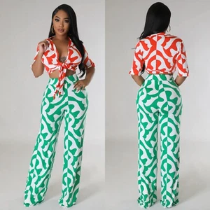 Sexy Beautiful Women's Multi Colored Two Piece Pant and Crop Top Set - Picture 1 of 6