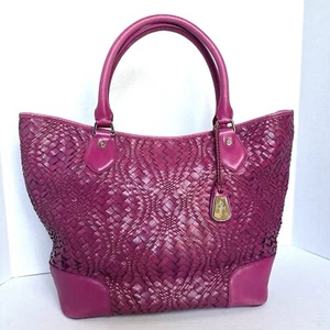 Cole Haan Magenta Woven Leather Tote Bag Purse Pink Shoulder Basket Weave Large - Picture 1 of 22