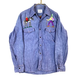 Vintage 70er Jahre Chambray Hemd Gr. M blau langarm bestickt - Bild 1 von 4