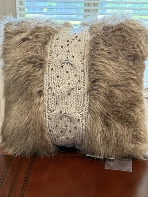 Anthropologie 18"x18" Cable Knit Fur Trim Sequin Accent Pillow NWT - Image 1 of 4