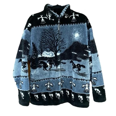 De colección Años 90 Negro Montaña Vellón Cremallera Caballos Salvajes Kokopelli Thunderbird Mujer XL Foto 1 de 4