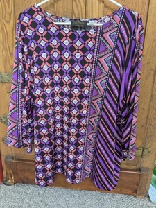 Bob Mackie Ladies XL Blouse Wearable Art 3/4 Sleeve Stretch Black Purple Pink - Picture 1 of 6
