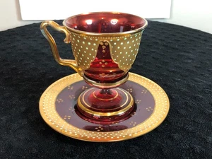Moser Bohemian Cranberry Glass Pedestal Cup & Saucer Gold Gilt Turquoise Jeweled - Picture 1 of 10
