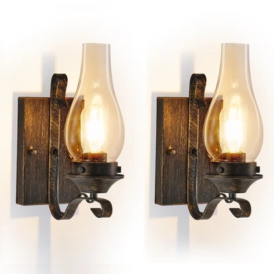 2 Pack Rustic Wall Light Vintage Oil Rubbed Bronze Sconce Amber Glass Fixtures - Image 1 of 4