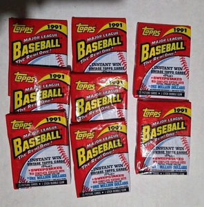 1991 Topps Baseball Wax Packs (8) ungeöffnete Packungen insgesamt 120 Karten - Bild 1 von 2