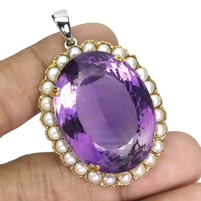 925 Pendente Argento Sterling Ovale Ametista 79ct Perla Fatto a Mano Gemma Gioie - Immagine 1 di 4