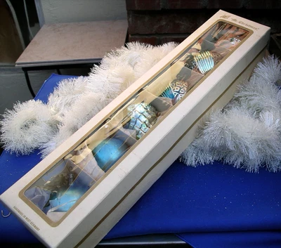 Juego de 6 adornos de vidrio soplado vintage Mr. Xmas caja original Alemania Occidental lote azul Foto 1 de 4