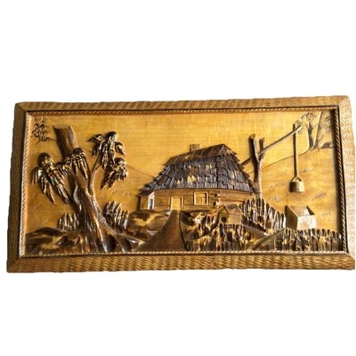 HAND CARVED WOODEN Tropical Hut Island Scene Wall Hanging Plaque 25” X 13” VTG - image 1 of 4