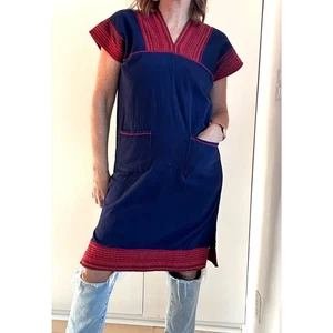 Vestido Vintage Étnico Algodón Azul Rojo Boho Hippie Informal Relajado Túnica Bolsillos - Imagen 1 de 5