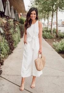 NEW $139 Banana Republic 4 White Linen Cropped Wide Leg Belted Waist Jumpsuit - Picture 1 of 17