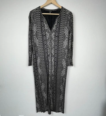 Lucky Brand Long Shirt Dress Size L – Gray Black Boho V-Neck Festival Casual - Image 1 of 4