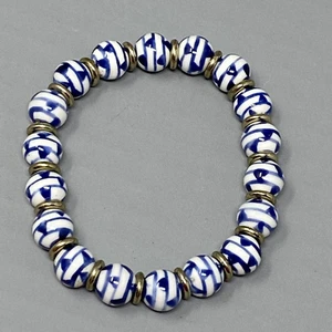 Beaded Stretch Bracelet White Glass Painted Blue Stripes Dots Silver Tone Spacer - Picture 1 of 8