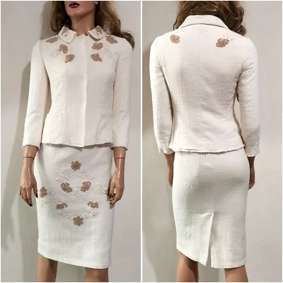 🆓US🛃 Dolce&Gabbana Floral Encaje Recortado Marfil Beige Tweed Vestido y Chaqueta IT 40 Foto 1 de 4