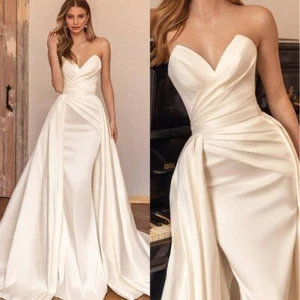 Elegant Mermaid Wedding Dress Off the Shoulder Sleeveless Satin Bridal Gowns - Picture 1 of 7