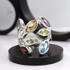 Multi Stone Chakra Ring Handmade Solid 925 Sterling Silver Jewelry Adjustable