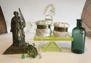 Antique Wave Crest Glass Dresser Box Set Rare Marked Pink Blue / Green - Picture 1 of 12