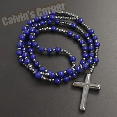 Lapis Lazuli Black Hematite Rosary Necklace Catholic Christ Cross Men Women Gift - Image 1 of 4