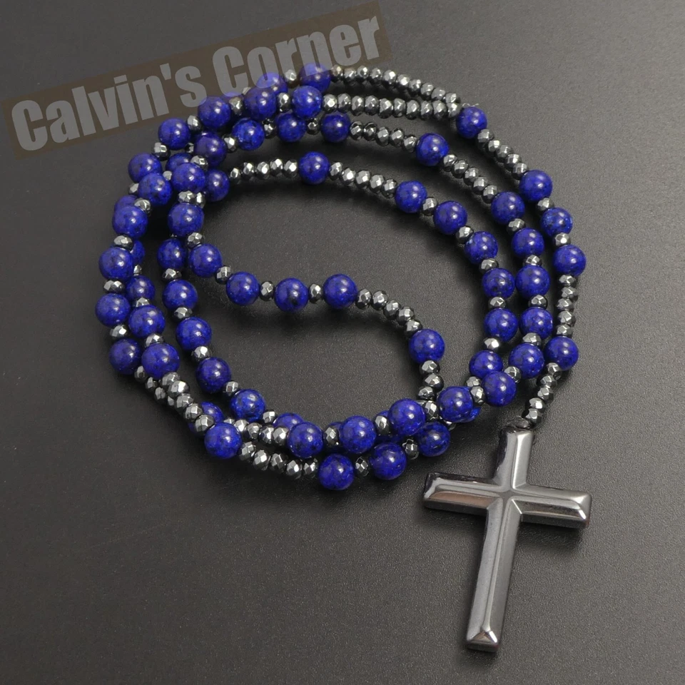 Lapis Lazuli Black Hematite Rosary Necklace Catholic Christ Cross Men Women Gift - Image 1 of 4