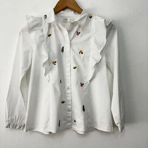 Zara Girls Embroidered Flower Ruffle Button Down Shirt Size 10 - Picture 1 of 7