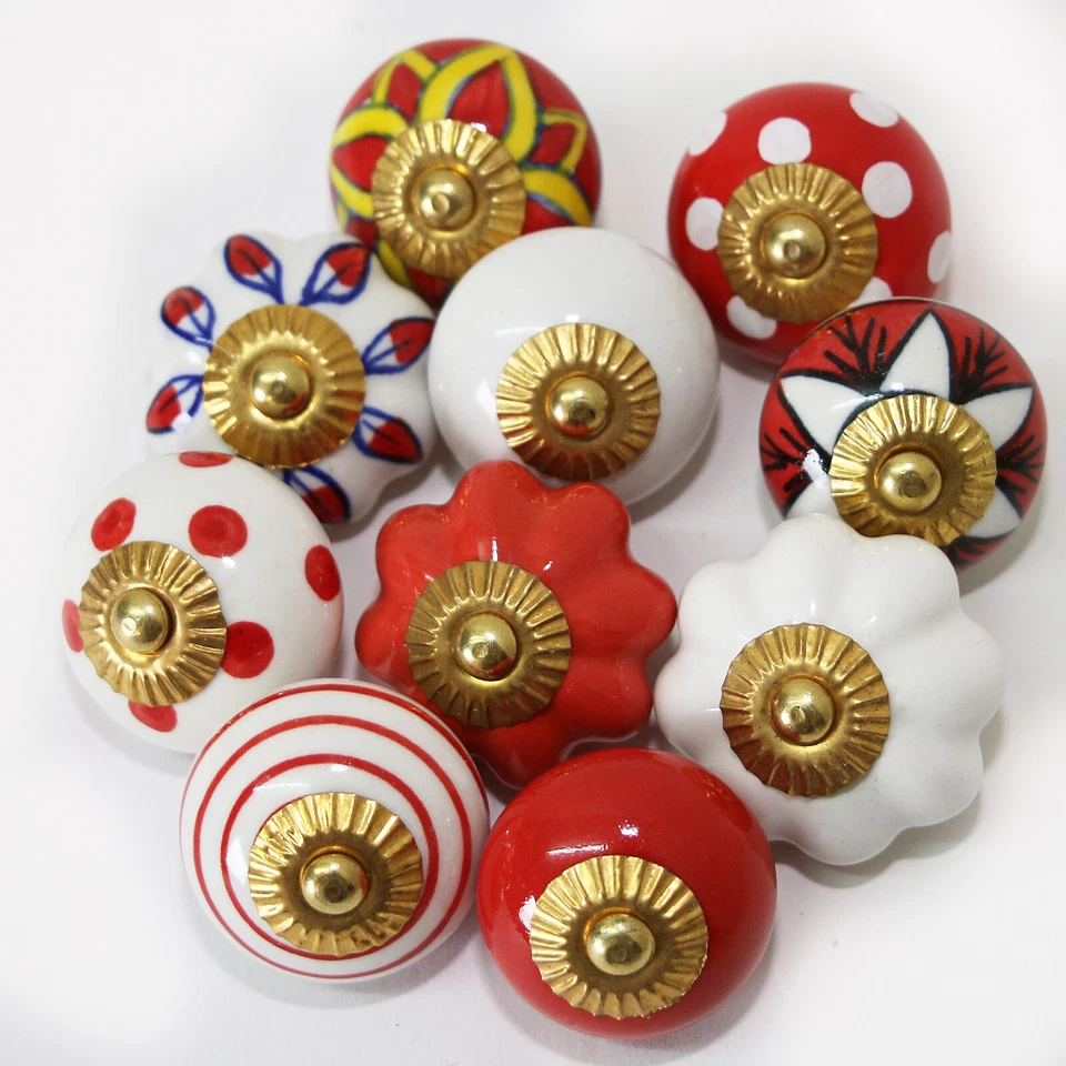 Möbelknöpfe  Set 6- 8- 10 STK   Möbelgriffe,Keramik Knöpfe Möbelknopf  Rot Weiß  - Bild 1 von 4
