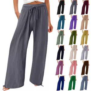 Women's Wide Leg Joggers Bottoms Plus Size Trousers Long Pants Elasticated Waist - Picture 1 of 27