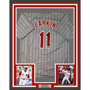 Framed Autographed/Signed Barry Larkin 33x42 Cincinnati Grey Jersey BAS COA - Picture 1 of 2