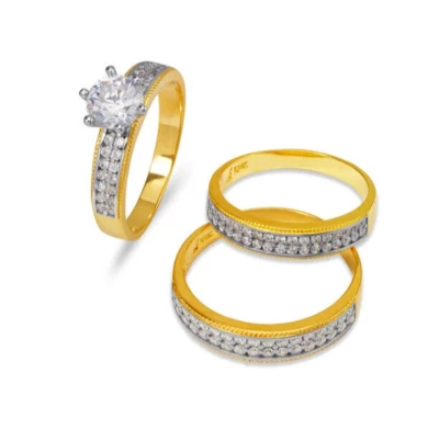 NEW 14K  TWO TONE GOLD WEDDING TRIO RING SET - Image 1 of 2