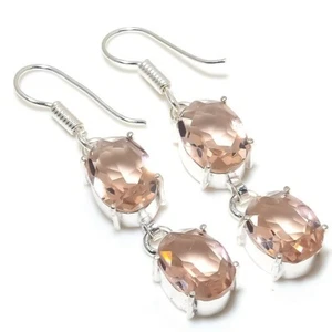Morganite Gemstone Handmade 925 Sterling Silver Jewelry Earring Sz 1.9" - Picture 1 of 1