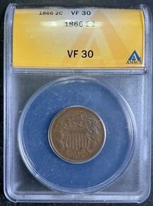 ANACS VF30 1866 Two Cent Piece 2c Estate Fresh Certified Type Coin A6 - Picture 1 of 2