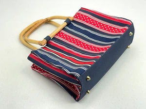 Vintage Red White Blue Real Bamboo Handle Purse Handbag Bag Polka Dot 10.5"x7.5" - Picture 1 of 9