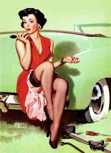 Vintage GIL ELVGREN Pinup Girl CANVAS ART PRINT Poster Car trouble 16"X 12" - Picture 1 of 1