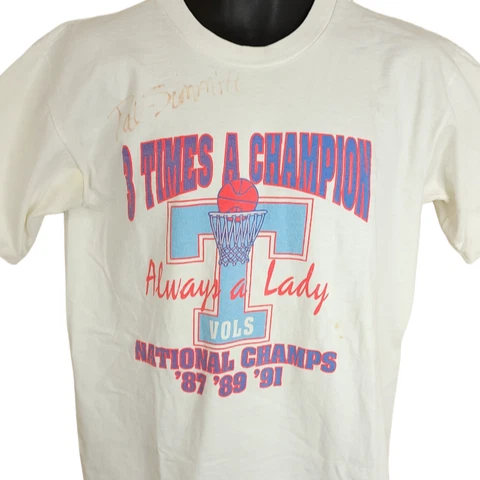 Tennessee Lady Volunteers Basketball T Shirt Vintage 90s Pat Summitt SIGNED Med Cover